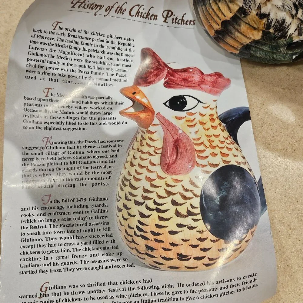 RARE VINTAGE ITALY HANDPAINTED HANDMADE CHICKEN CERAMIC JUG PITCHER VASE